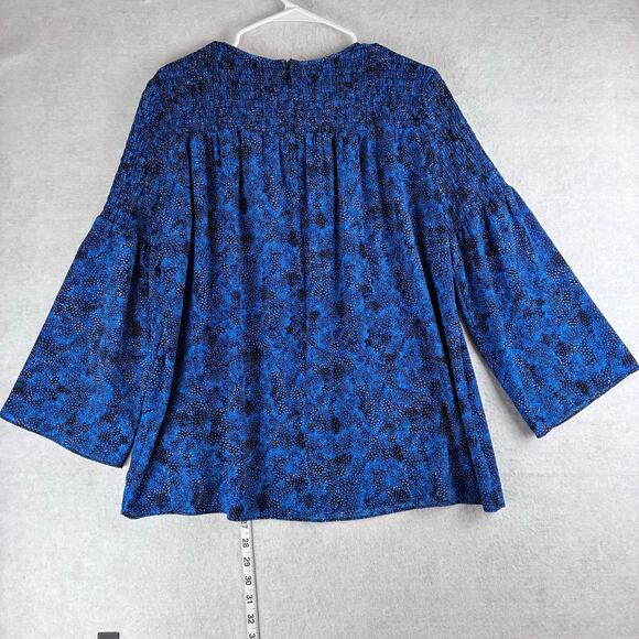 Michael Kors Smocked Blouse Women's Medium Blue Abstract Dot Motif Wide Sleeve - Picture 10 of 11